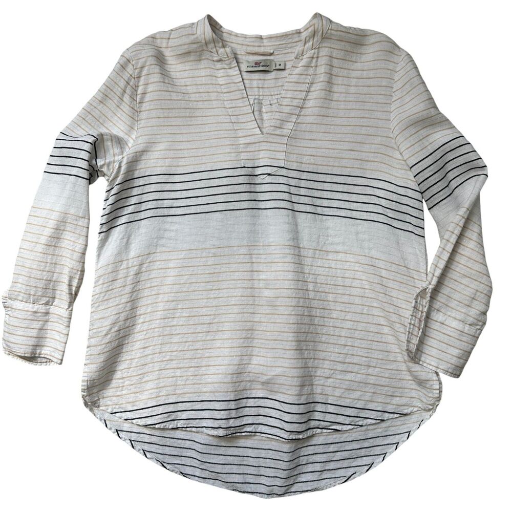 Vineyard Vines Womens Striped Split Neck Tunic Top White Gold Black Metallic M